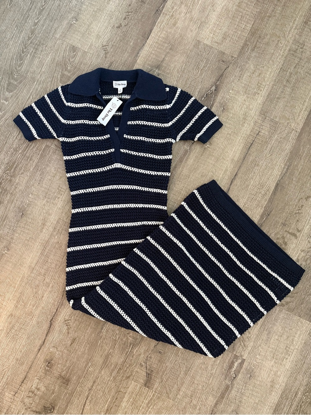 The Drop Ritu Crochet Maxi Dress XS Navy White Striped Polo NWT